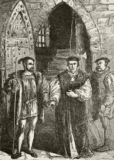 John Fisher bíboros elhagyja a harangtornyot a kivégzése felé vezető úton William Hickman Smith Aubrey (1858-1916) „Anglia nemzeti és hazai története” című művéből, amelyet London, 1890 körül (litho) jelent meg. alkotó: English School